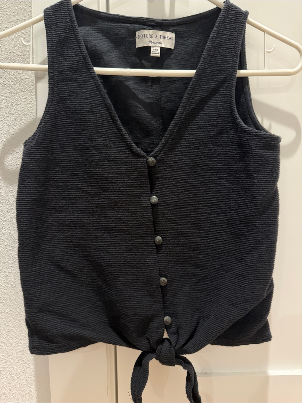 Madewell Black V-Neck Knit Tank with Front Buttons and Tie
